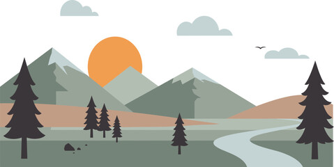 Stylized landscape with mountains trees and a winding river under an orange sun nature