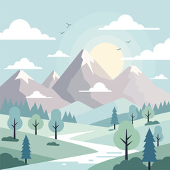 Flat design landscape with snow capped mountains and winding river nature