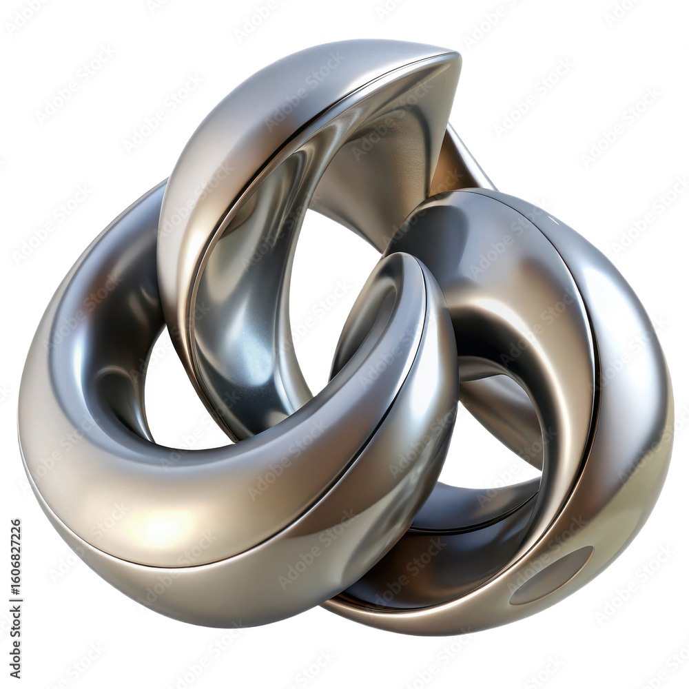 Poster intricate polished chrome interlocking rings forming a complex abstract sculpture isolated on transp