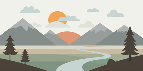 Stylized mountain landscape with winding river and sun vector
