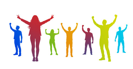 sagome, silhouette, concetto, persone, felici, vittoria, vincenti, successo,