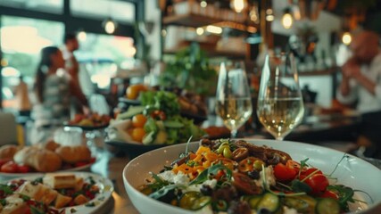 A fresh green salad sits atop a wooden table - Powered by Adobe
