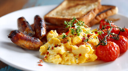 Scrumptious Breakfast: Gourmet Scrambled Eggs, Sausages, & Roasted Tomatoes