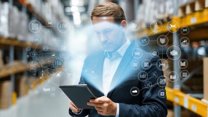 Warehouse Data Analysis: A focused individual in a business suit meticulously examines a tablet. - Powered by Adobe