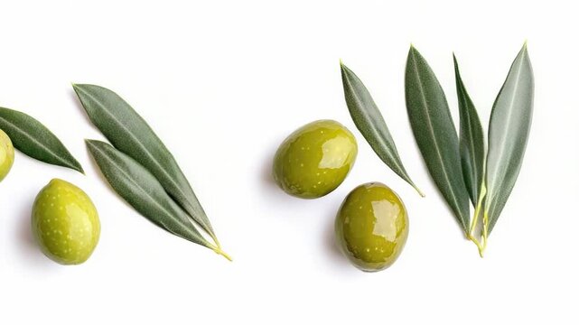 Fresh olives and leaves arranged on a clean white surface, perfect for food or nature photography