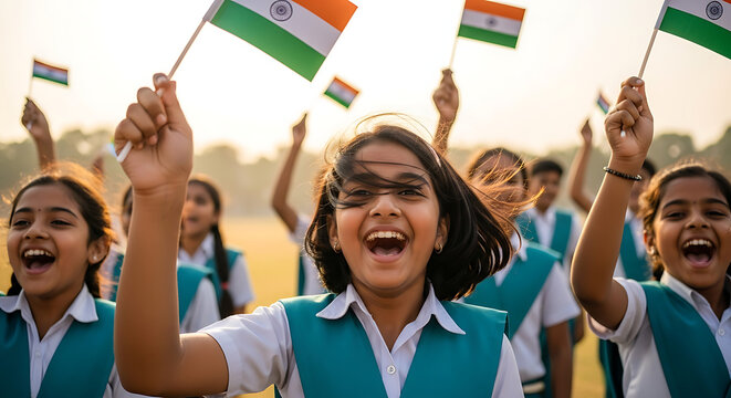Cheerful Indian school children waving national flags, celebrating a patriotic event with smiles and enthusiasm.