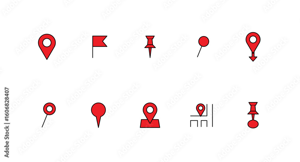 Poster map and navigation red pin icons set, set of location pin icons, map pointers, map markers, vector i