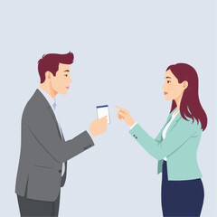 Fototapeta premium Businessman and businesswoman exchanging information in office setting 