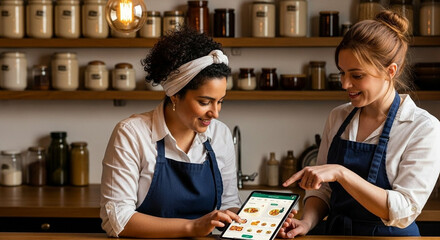 Fototapeta premium Two friendly chefs browse online menu options on a tablet in a cozy kitchen setting together