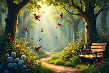Tranquil forest path with birds flying through sunbeams and a wooden bench