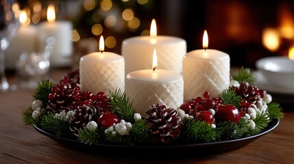 A beautiful Christmas centerpiece with glowing candles and festive decorations.