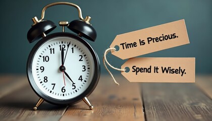 Vintage Alarm Clock with Tags About Time and Wise Spending