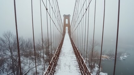 Snowy bridge scene vintage suspension bridge snow covered walkway stone masonry tower cable system winter natural background