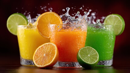 Colorful fruit juices with dynamic water splashes create a refreshing scene.