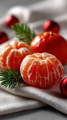 Mandarin oranges and festive ornaments create a warm, holiday atmosphere.