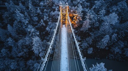 Winter bridge frost icicles hanging from historic steel truss bridge structure over calm river water