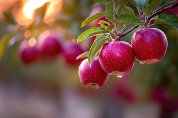 A cluster of ripe red apples hang from a branch with green leaves illuminated by sunlight
