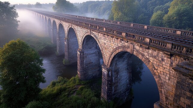 Morning mist envelops historic stone arch bridge with railroad tracks extending through misty mountain valley in atmospheric lighting