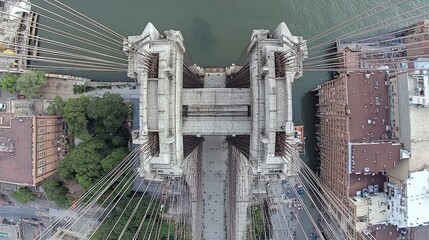 Bridge engineering innovations bird's eye view historic Brooklyn Bridge Gothic Revival masonry towers suspension bridge steel cables East River