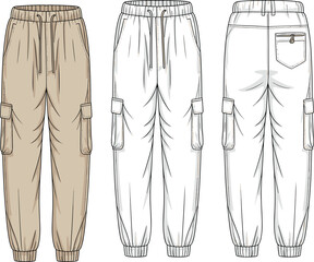 Cargo pants vector template with drawstring waistband, flap pockets, elastic cuffs, and back button pocket—front and back technical views