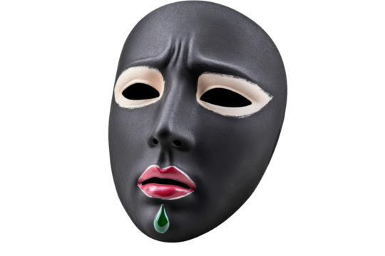 Black sad theatrical mask with green tear and red lips, cut out transparent