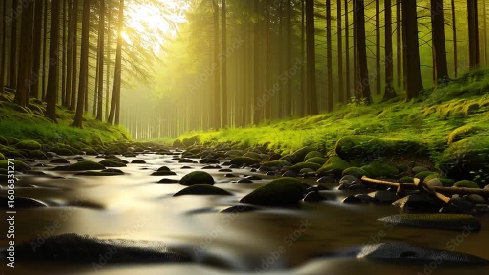 Aufkleber serene forest stream flowing through lush greenery with sunlight filtering through trees