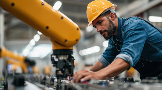 Factory worker collaborates with industrial robot arm on assembly line during daytime operations