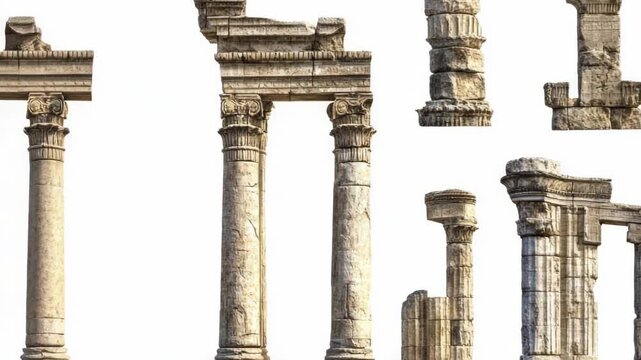 Collection of ancient columns and statues against a white background, perfect for use in historical or cultural contexts