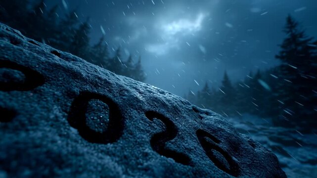 Eerie nightscape features a rocky surface inscribed with 2026 beneath a dramatic, cloudy sky
