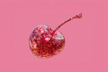Sparkling Sequin Cherry on Pink Background for Pop Art Food Concept
