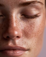 Portrait beaute femme peau naturelle taches rousseur yeux fermes