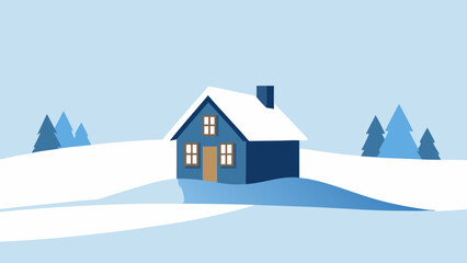 Naklejka premium Single Snow Covered Cottage in Vast White Fields