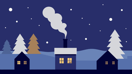 Fototapeta premium Chimney Smoke Rising into Starry Sky from Snowy Home