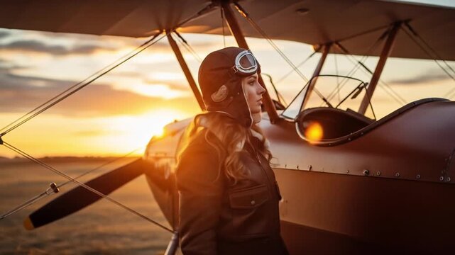 Empowered Female Aviator in Retro Flight Gear Posing with Classic Biplane Against Golden Sunset Sky