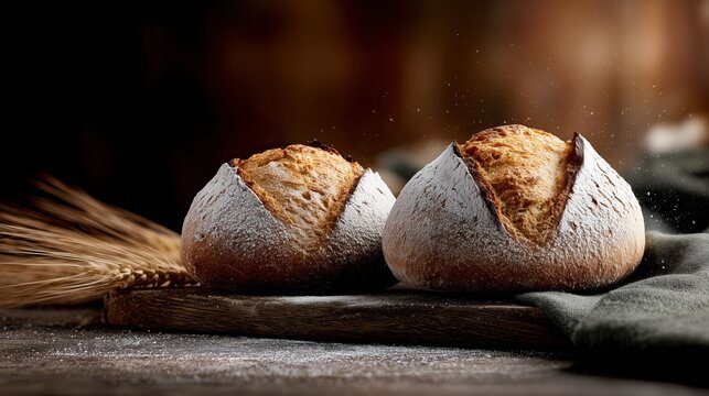 Pain artisanal sur planche bois avec epis de ble, ambiance chaleureuse