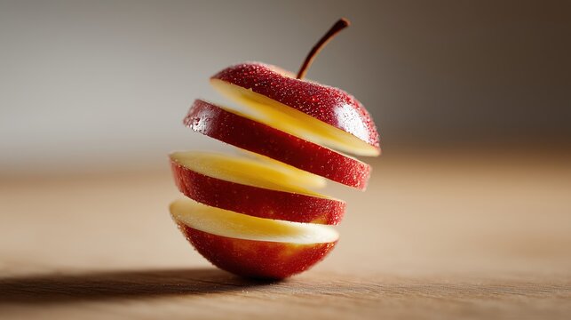Pomme rouge tranchee en spirale avec pelure, fond bois naturel