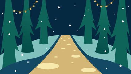 Fototapeta premium forest path fairy lights snowflakes fall
