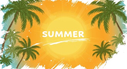 Obraz premium Summer background featuring palm trees, bright sun, and white brush strokes for seasonal graphic design. 