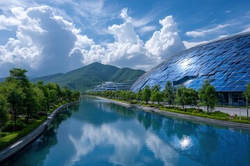 A domed building with mirrored panes faces a canal amidst green trees and distant mountains