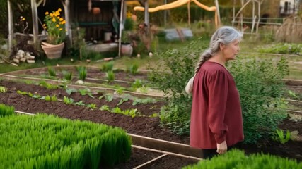 Woman with silver hair in the garden. Useful for advertising hair cosmetics, garden tools, healthy lifestyle themes.
