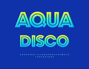 Vector Trendy invitation Aqua Disco. Modern Glossy Font. Cool Uppercase Alphabet Letters and Numbers set.