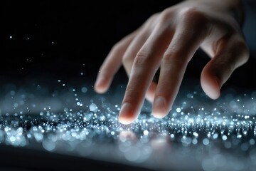 A hand touches a surface shimmering with white specks in a dark setting