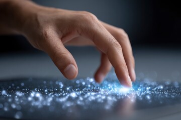A hand hovers over a surface illuminated with glittering blue lights focused at the point of fingertip contact