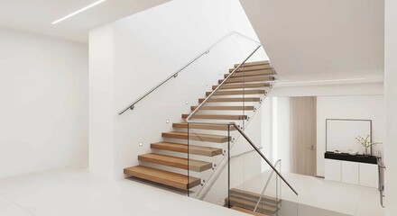 Modern Staircase with Sleek Railings and Wood Steps