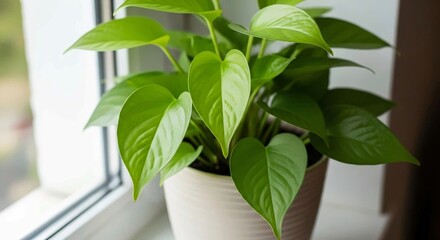 Potted Houseplant with Vibrant Green Leaves on Windowsill