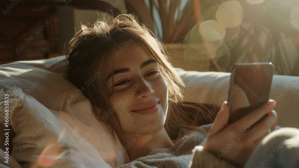 Poster a person lying down in bed holding a mobile device, possibly checking notifications or scrolling thr