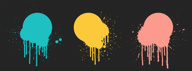 Grunge circle backgrounds set with paint drops. Paint drip. Splatter round frames set. Grunge stains. Ink splash. Round grunge backdrops. Liquid dripping collection.