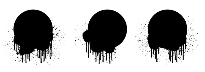 Grunge circle backgrounds set with paint drops. Paint drip. Splatter round frames set. Grunge stains. Ink splash. Round grunge backdrops. Liquid dripping collection.