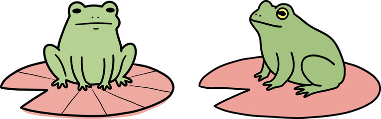 Fototapeta premium Two cartoon frogs sitting on lily pads in a pond setting 