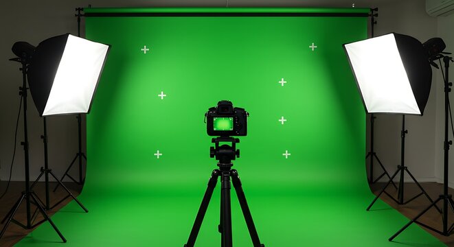Modern digital camera setup on a tripod in a professional studio with softbox lights and a green screen background for video production.
